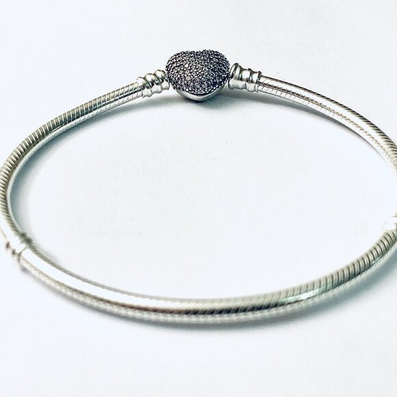 Authentic Pandora Bracelet PAVE HEART Sterling Silver 925 ale Snake Chain - Picture 7 of 10